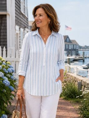 Chaps Denim Blue Stripe Cotton Popover Tunic Shirt Large Coastal Cottagecore